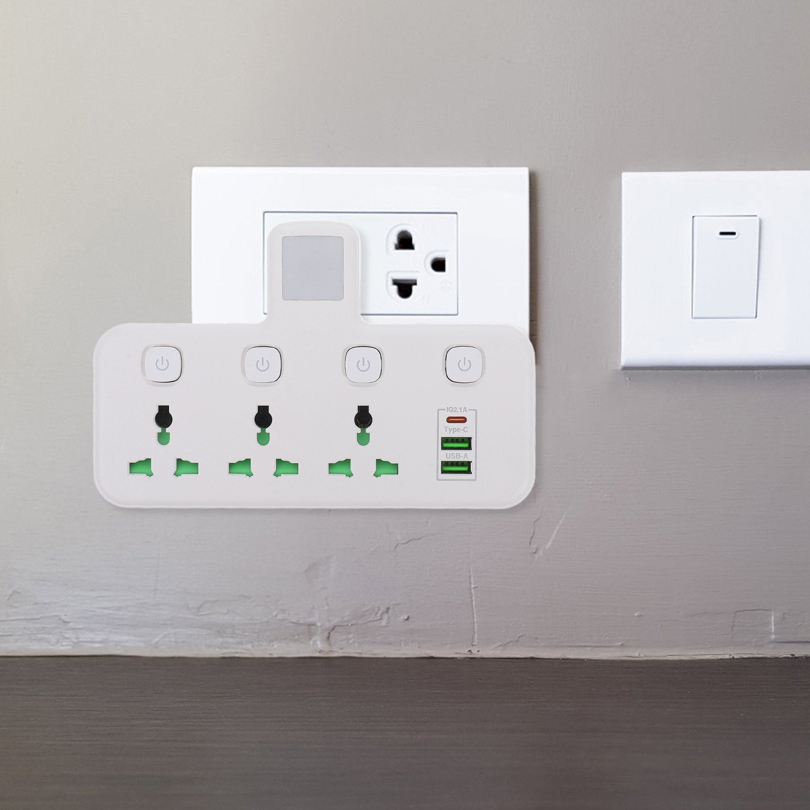 14-in-1 Universal Power Strip with USB-C & USB Fast Charging – Individual Switches & Flat Plug Extension Socket