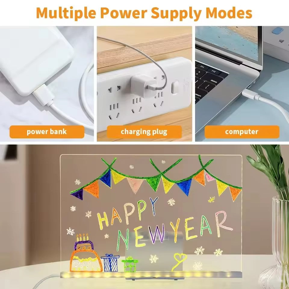 LED Light-Up Acrylic Message Board with USB Stand – Erasable Glow Drawing & Memo Board