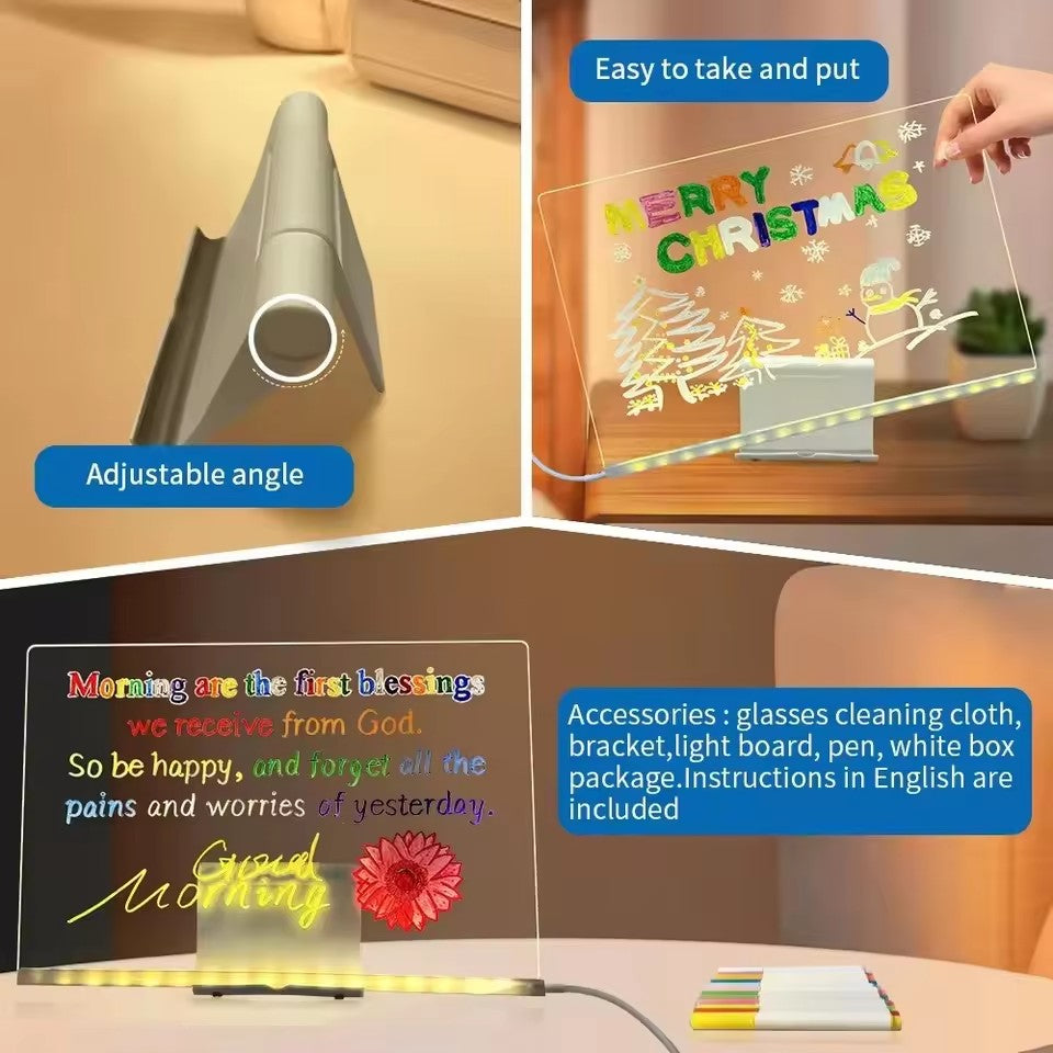 LED Light-Up Acrylic Message Board with USB Stand – Erasable Glow Drawing & Memo Board
