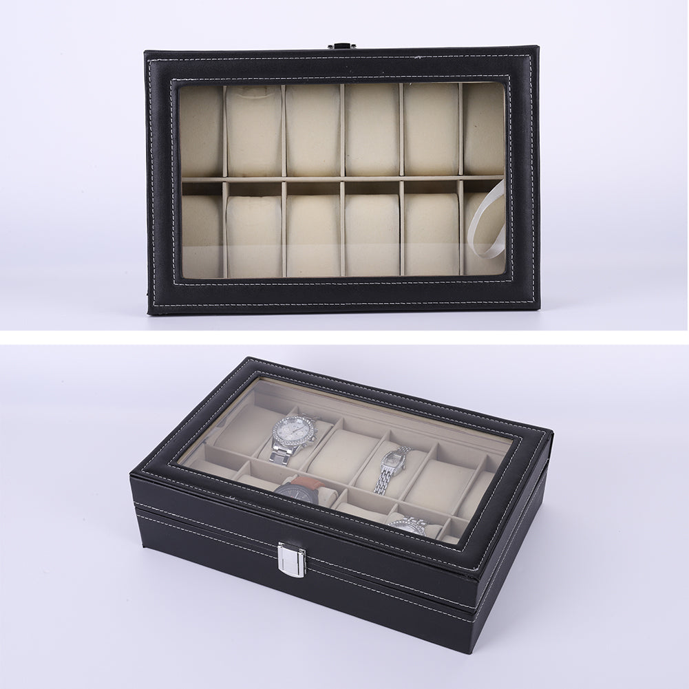 Premium 12 Slot Leather Watch Display Box with Glass Lid & Velvet Cushions – Luxury Watch Organizer Case