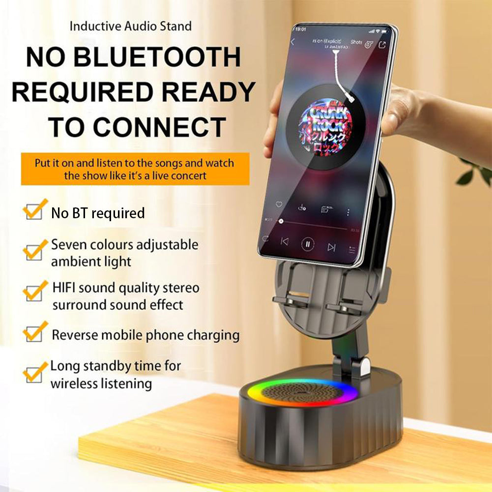 5-in-1 Wireless Induction Speaker Phone Stand | Foldable Rotating Mobile Holder with Ambient Light