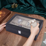 Premium 12 Slot Leather Watch Display Box with Glass Lid & Velvet Cushions – Luxury Watch Organizer Case