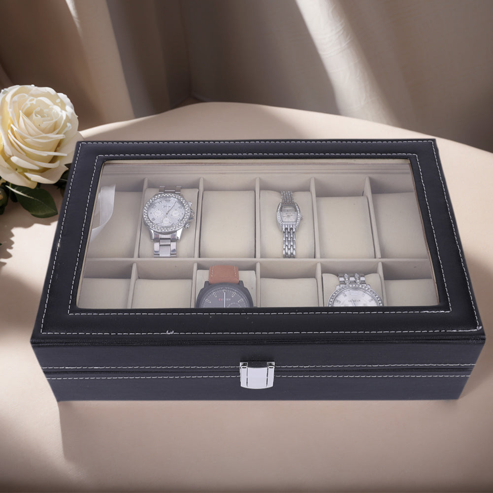Premium 12 Slot Leather Watch Display Box with Glass Lid & Velvet Cushions – Luxury Watch Organizer Case