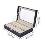 Premium 12 Slot Leather Watch Display Box with Glass Lid & Velvet Cushions – Luxury Watch Organizer Case