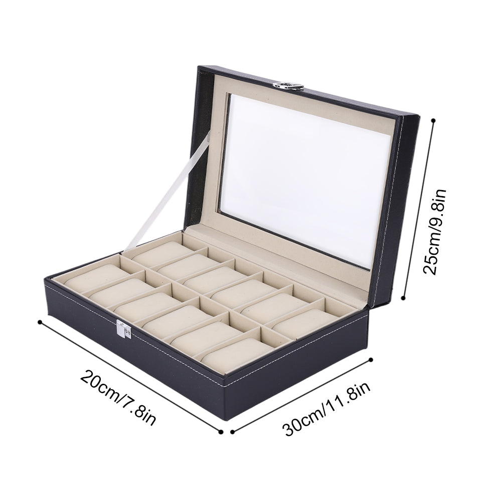 Premium 12 Slot Leather Watch Display Box with Glass Lid & Velvet Cushions – Luxury Watch Organizer Case
