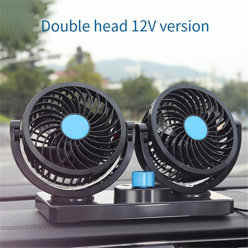 Dual Head 360° Adjustable Car Cooling Fan | 12V/24V Low Noise Dashboard Fan with Cigarette Lighter Plug