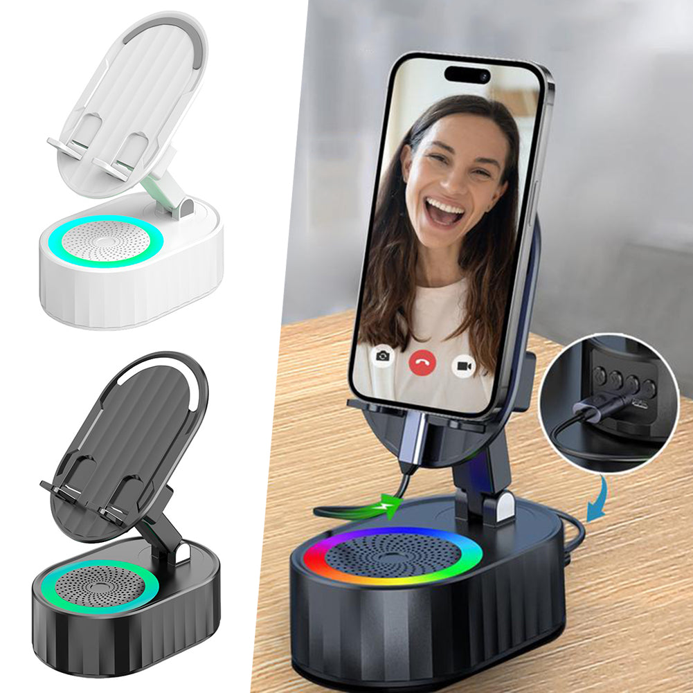 5-in-1 Wireless Induction Speaker Phone Stand | Foldable Rotating Mobile Holder with Ambient Light