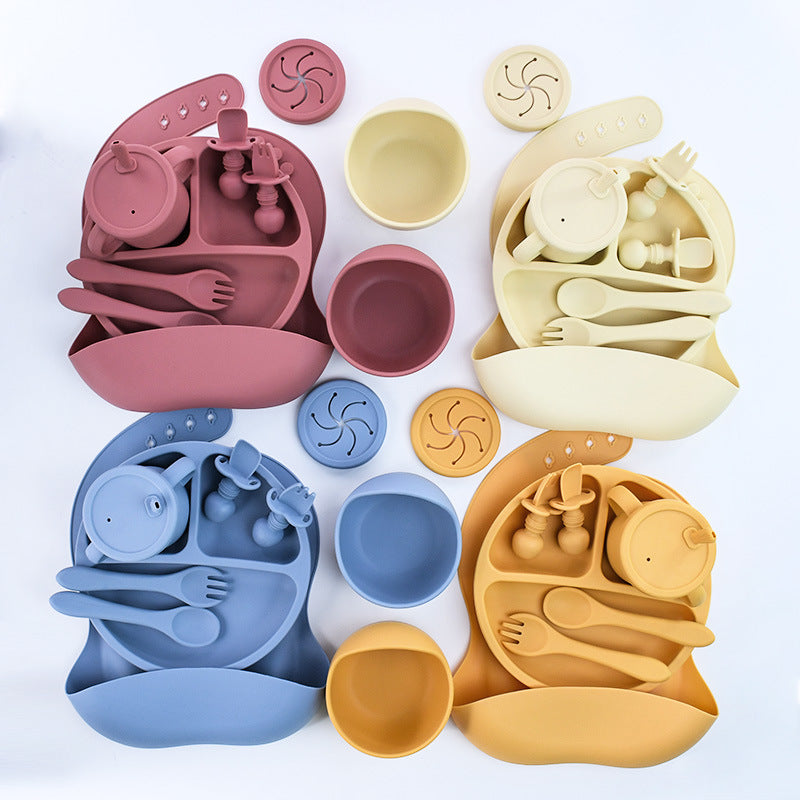 BPA-Free Silicone Baby Feeding Set | 7-Piece Suction Dinnerware Set with Plate, Bowl, Straw Cup, Bib & Utensils
