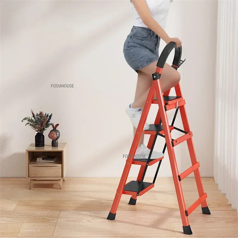 4-Step Folding Ladder with Safety Handrail | Heavy-Duty Metal Household Step Ladder