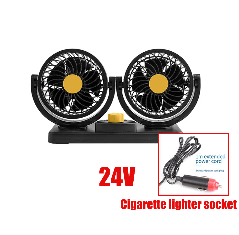 Dual Head 360° Adjustable Car Cooling Fan | 12V/24V Low Noise Dashboard Fan with Cigarette Lighter Plug