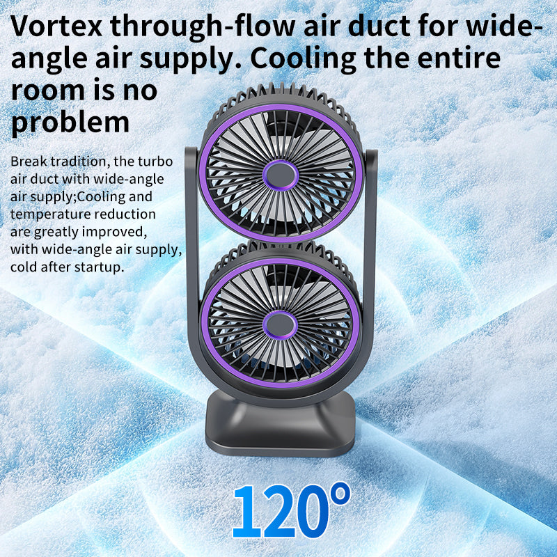 Double Hurricane Rechargeable Fan – Dual Head 360° Adjustable Portable Electric Fan