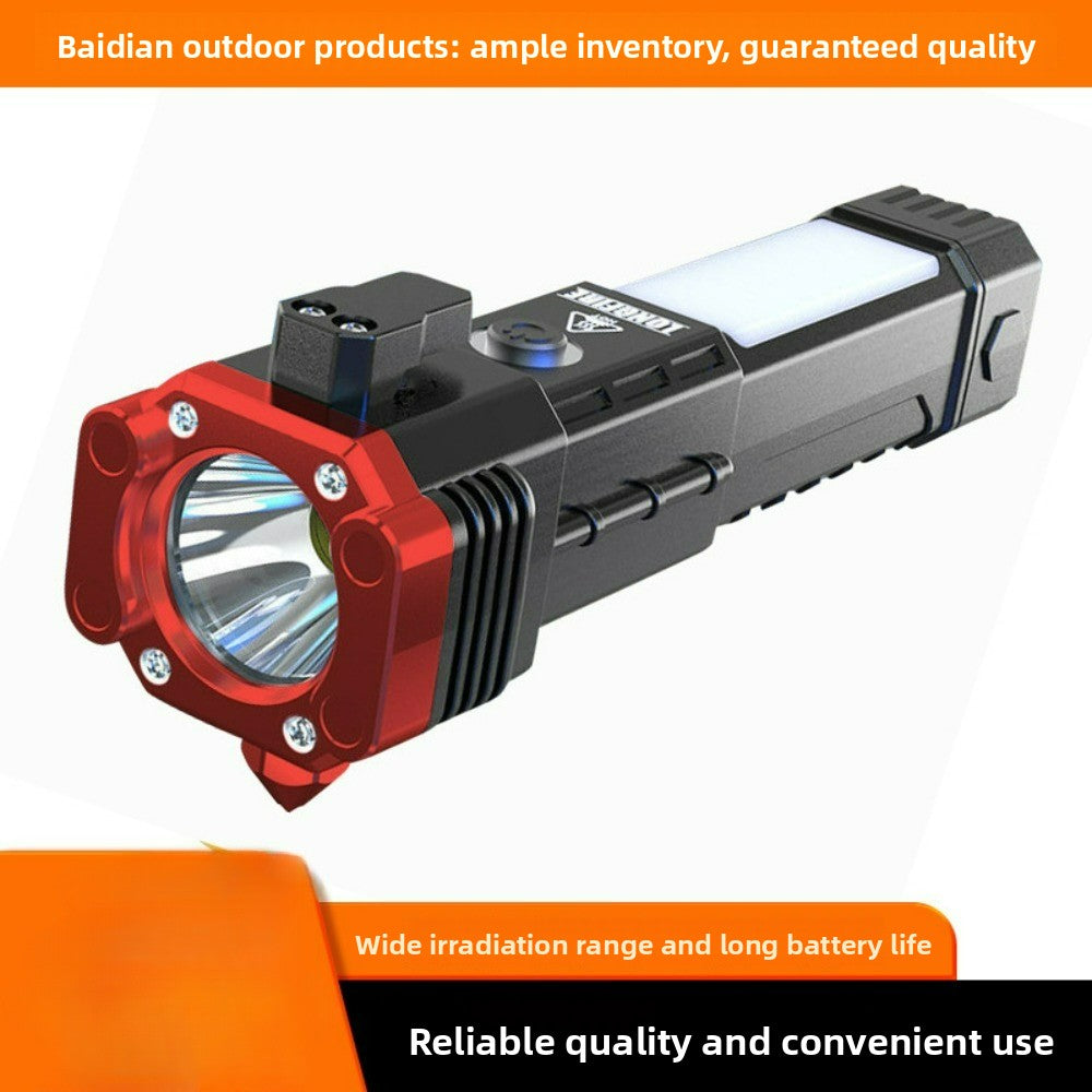 Multi-Functional LED Rechargeable Flashlight with Safety Hammer, Window Breaker, COB Work Light & Power Bank