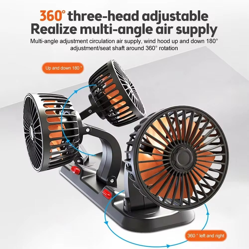360° Triple Head Car Cooling Fan | Adjustable 3-Speed Dashboard Fan for 12V/24V Vehicles