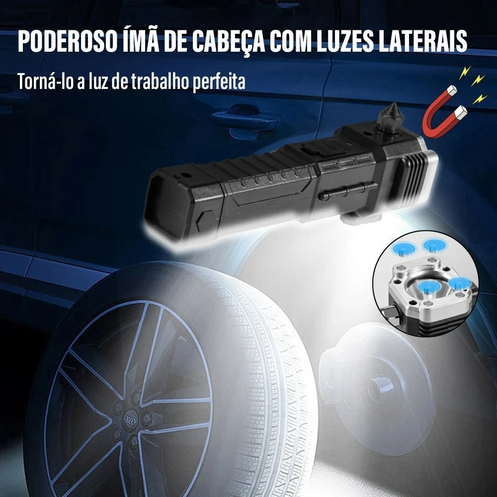 Multi-Functional LED Rechargeable Flashlight with Safety Hammer, Window Breaker, COB Work Light & Power Bank