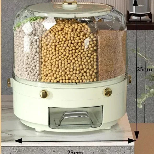 360° Rotating Rice & Grain Dispenser | Airtight Multi-Compartment Cereal Storage Container