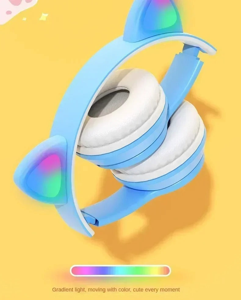 Cat Ear Bluetooth 5.0 Wireless Headphones – LED Light Up Over-Ear Headset with Built-In Mic for Kids & Teens