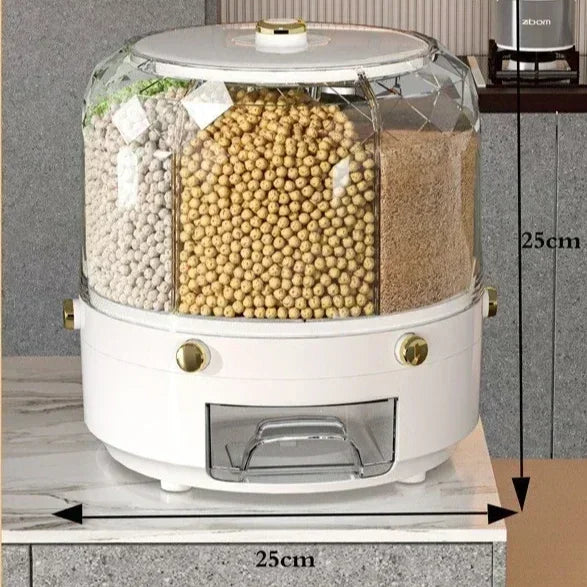 360° Rotating Rice & Grain Dispenser | Airtight Multi-Compartment Cereal Storage Container