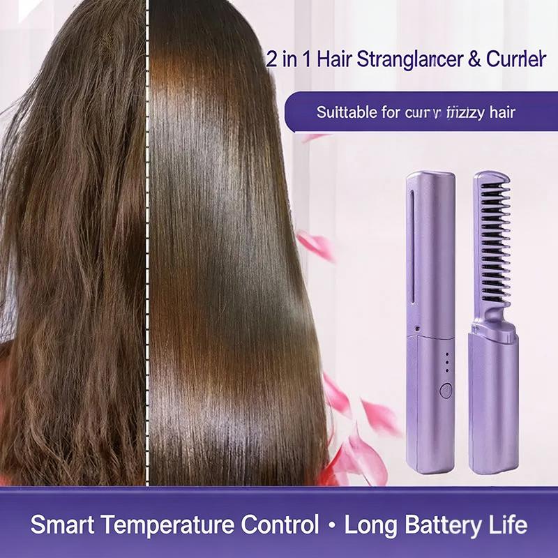 2-in-1 Cordless Hair Straightening & Curling Brush | Portable USB Rechargeable Hair Styler