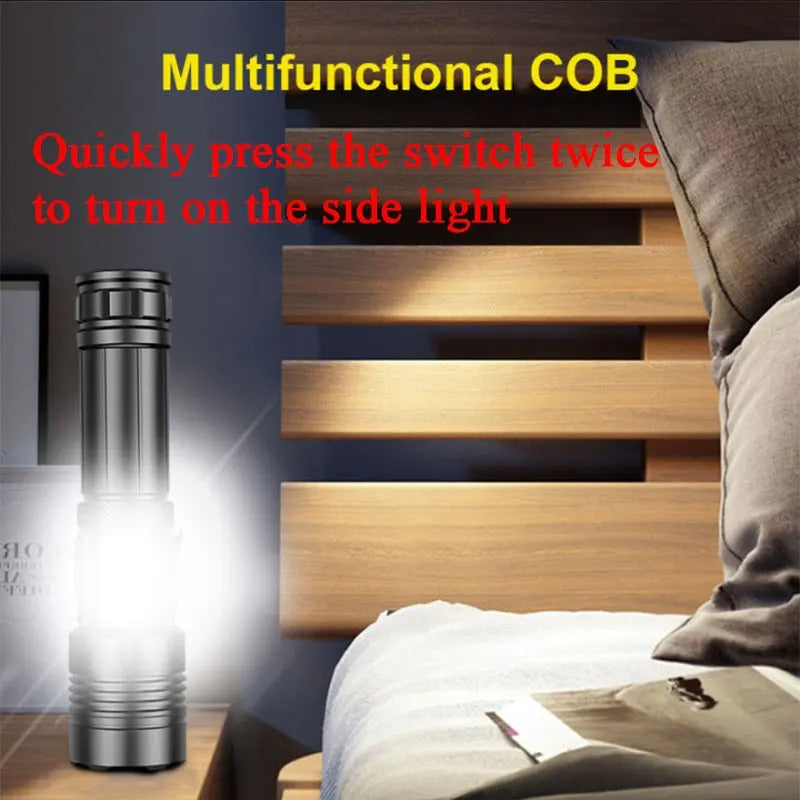 Multi-Functional LED Rechargeable Flashlight with Safety Hammer, Window Breaker, COB Work Light & Power Bank