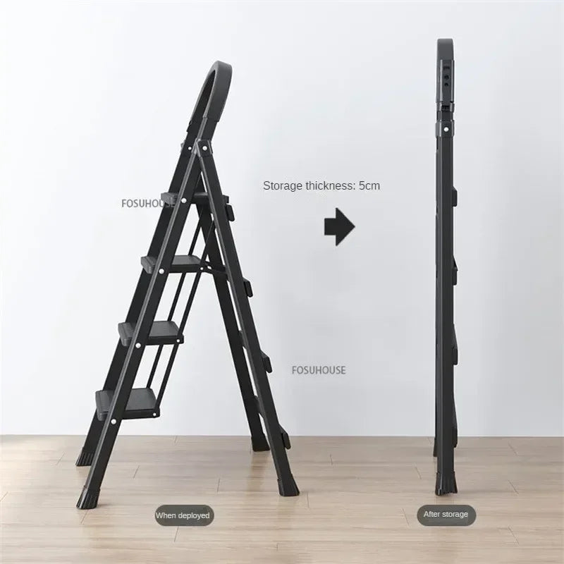 4-Step Folding Ladder with Safety Handrail | Heavy-Duty Metal Household Step Ladder