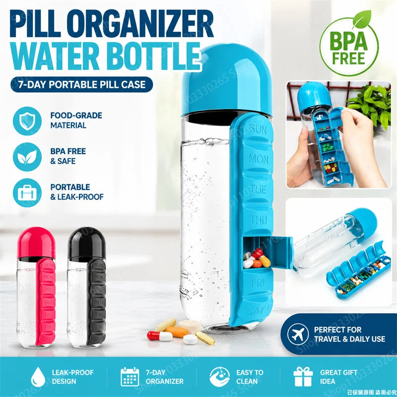 BPA-Free Water Bottle with 7-Day Pill Organizer | Leakproof 20oz Travel Vitamin & Medicine Bottle