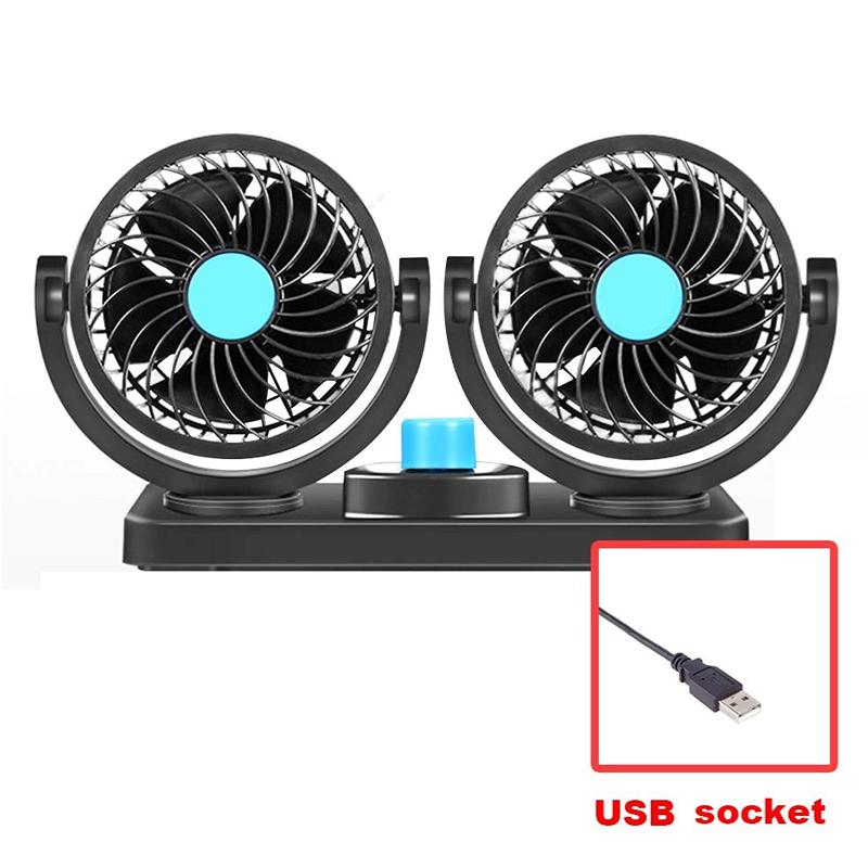 Dual Head 360° Adjustable Car Cooling Fan | 12V/24V Low Noise Dashboard Fan with Cigarette Lighter Plug