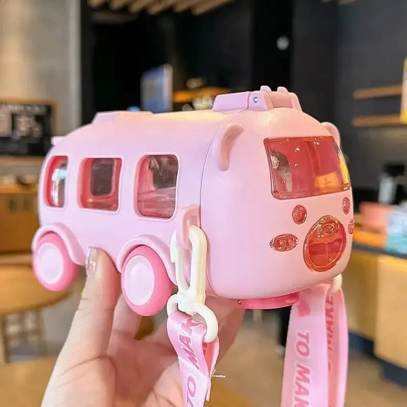 2-in-1 Kids Bus-Shaped Water Bottle with Straw & Shoulder Strap – 500ml