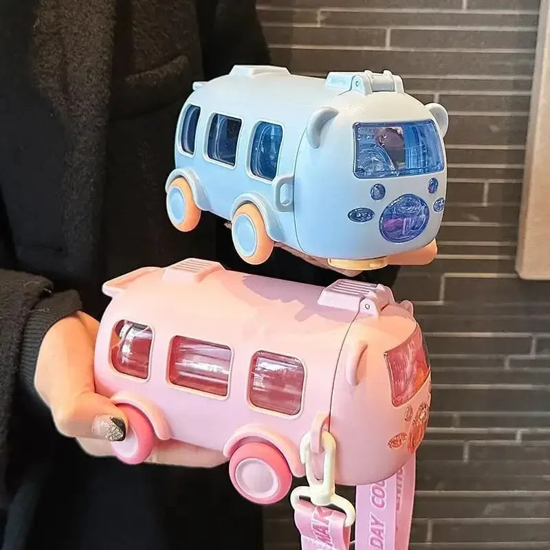 2-in-1 Kids Bus-Shaped Water Bottle with Straw & Shoulder Strap – 500ml