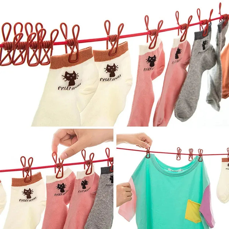 10 Clip Elastic Clothesline – Portable Travel Laundry Drying Rope with Windproof Clips