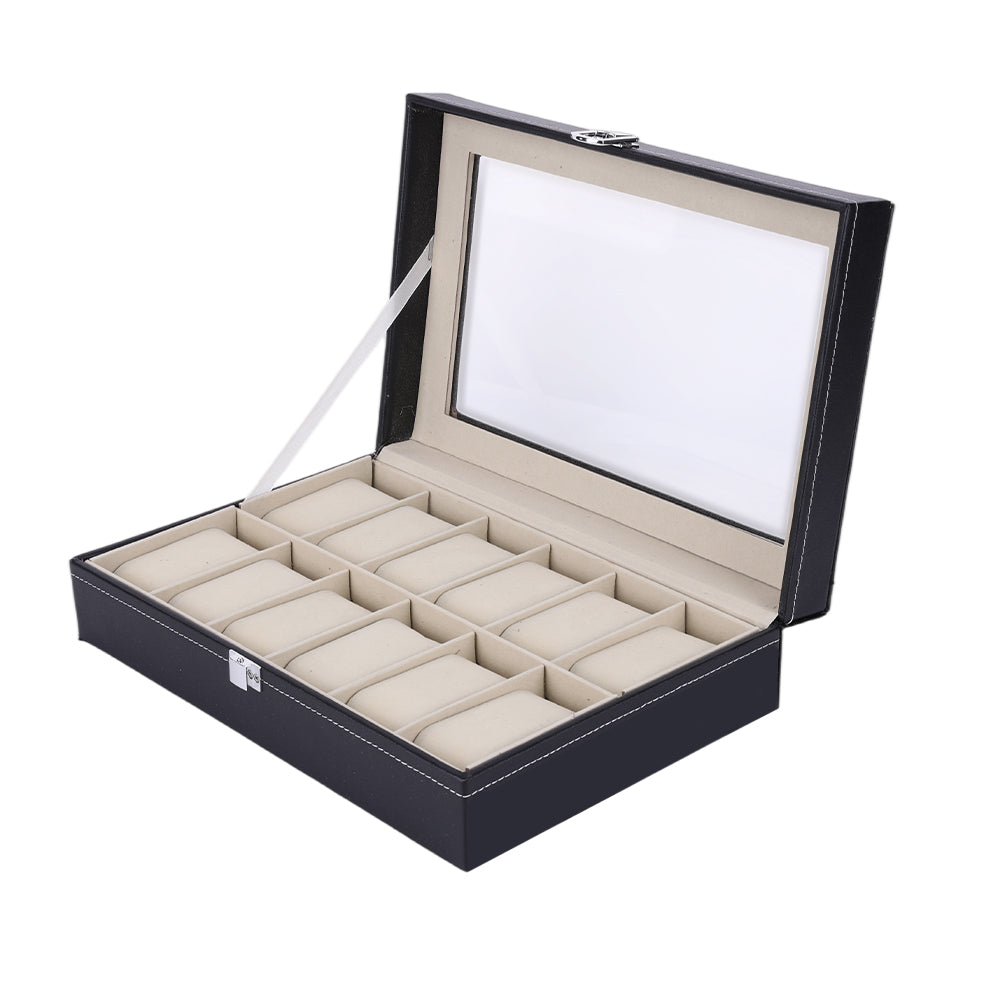 Premium 12 Slot Leather Watch Display Box with Glass Lid & Velvet Cushions – Luxury Watch Organizer Case