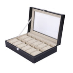 Premium 12 Slot Leather Watch Display Box with Glass Lid & Velvet Cushions – Luxury Watch Organizer Case