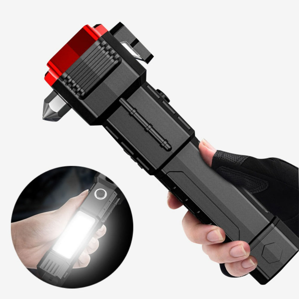 Multi-Functional LED Rechargeable Flashlight with Safety Hammer, Window Breaker, COB Work Light & Power Bank
