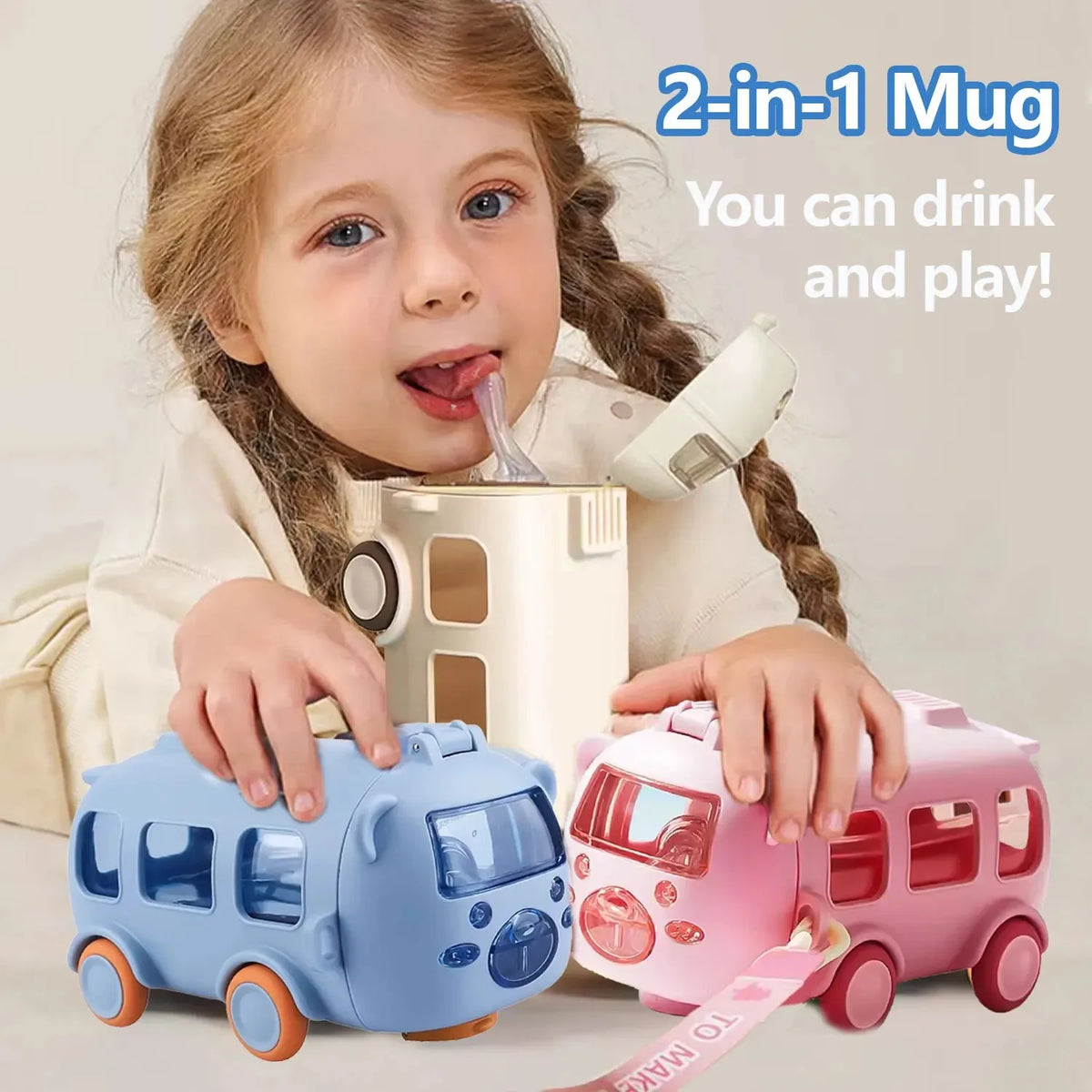 2-in-1 Kids Bus-Shaped Water Bottle with Straw & Shoulder Strap – 500ml
