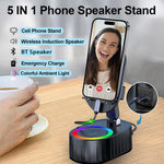 5-in-1 Wireless Induction Speaker Phone Stand | Foldable Rotating Mobile Holder with Ambient Light