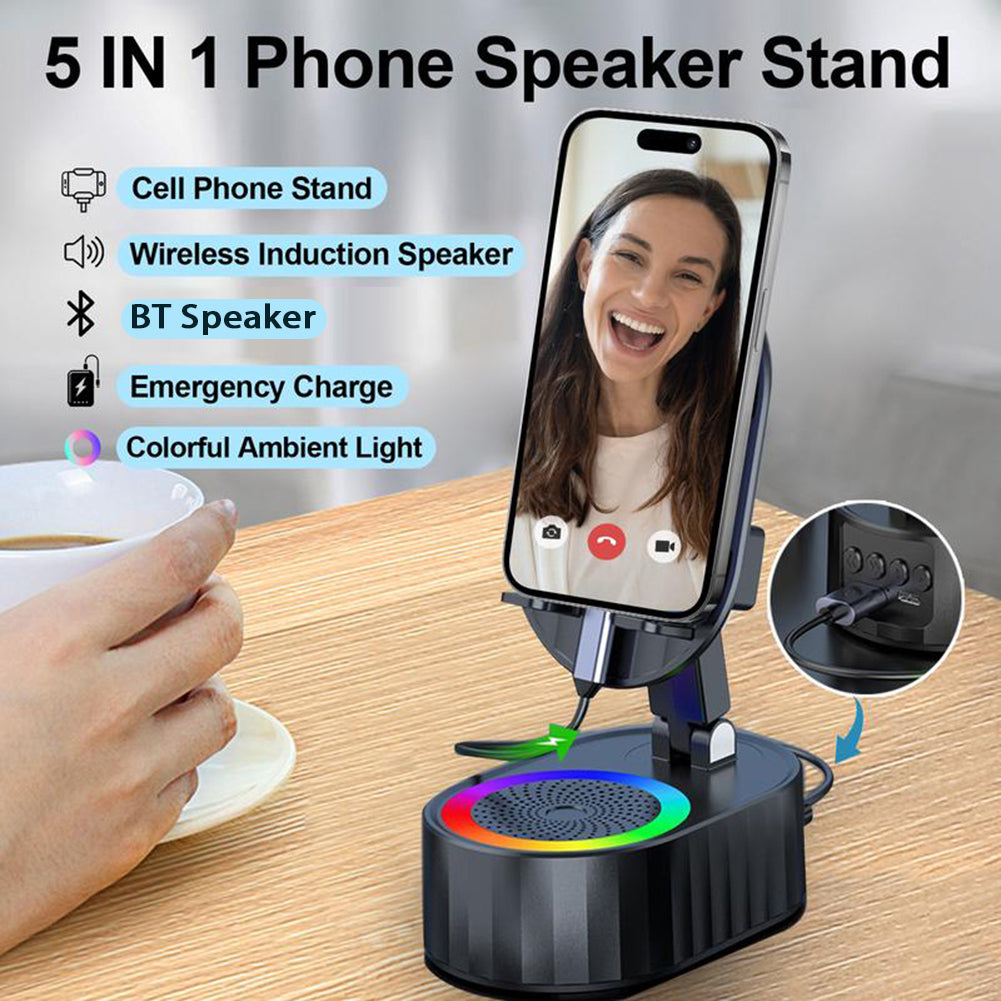 5-in-1 Wireless Induction Speaker Phone Stand | Foldable Rotating Mobile Holder with Ambient Light