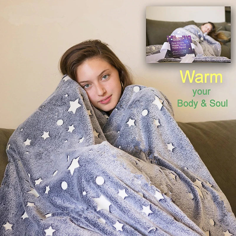 Glow in the Dark Soft Fleece Blanket – Luminous Star & Moon Throw for Kids and Adults