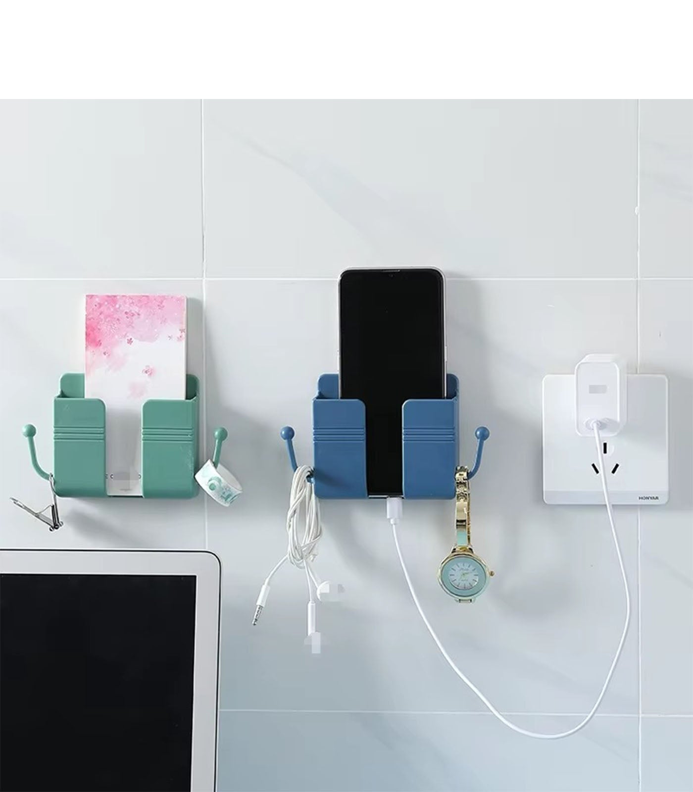 Self-Adhesive Wall Mount Phone &amp; Remote Holder – ABS Storage Box with Hooks | Power Bank, Makeup Brush, Cable Organizer