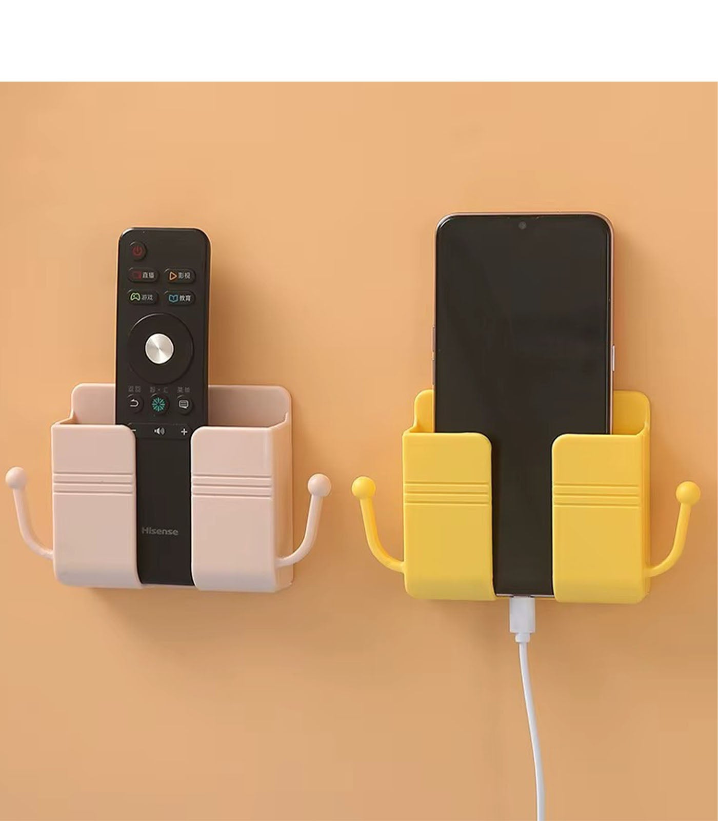 Self-Adhesive Wall Mount Phone &amp; Remote Holder – ABS Storage Box with Hooks | Power Bank, Makeup Brush, Cable Organizer