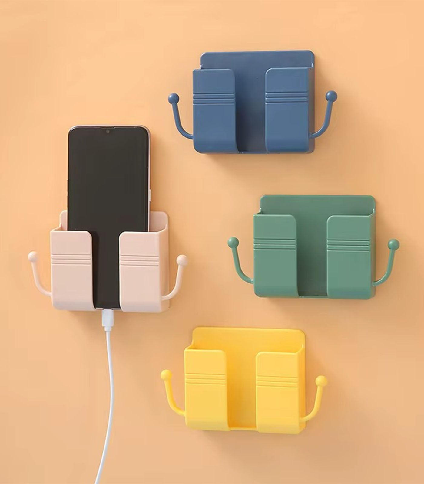 Self-Adhesive Wall Mount Phone &amp; Remote Holder – ABS Storage Box with Hooks | Power Bank, Makeup Brush, Cable Organizer