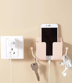 Self-Adhesive Wall Mount Phone &amp; Remote Holder – ABS Storage Box with Hooks | Power Bank, Makeup Brush, Cable Organizer