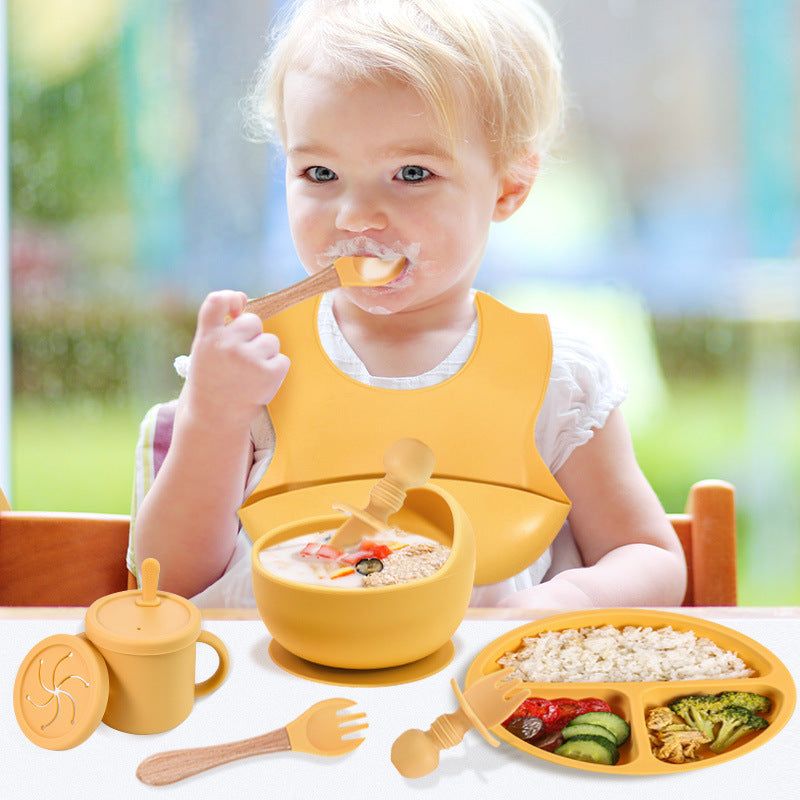 BPA-Free Silicone Baby Feeding Set | 7-Piece Suction Dinnerware Set with Plate, Bowl, Straw Cup, Bib & Utensils