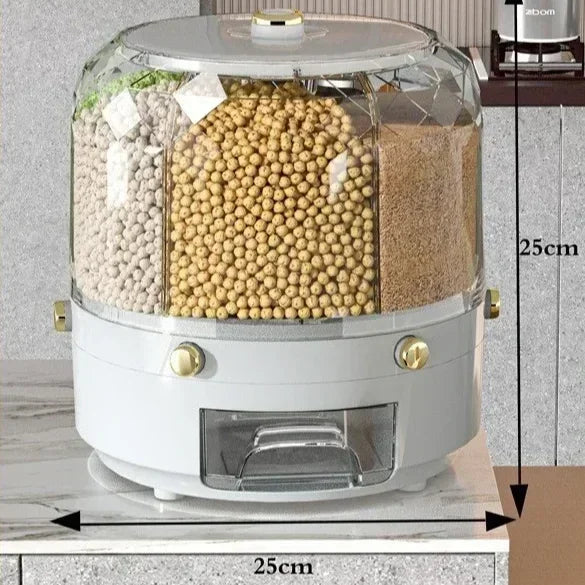 360° Rotating Rice & Grain Dispenser | Airtight Multi-Compartment Cereal Storage Container