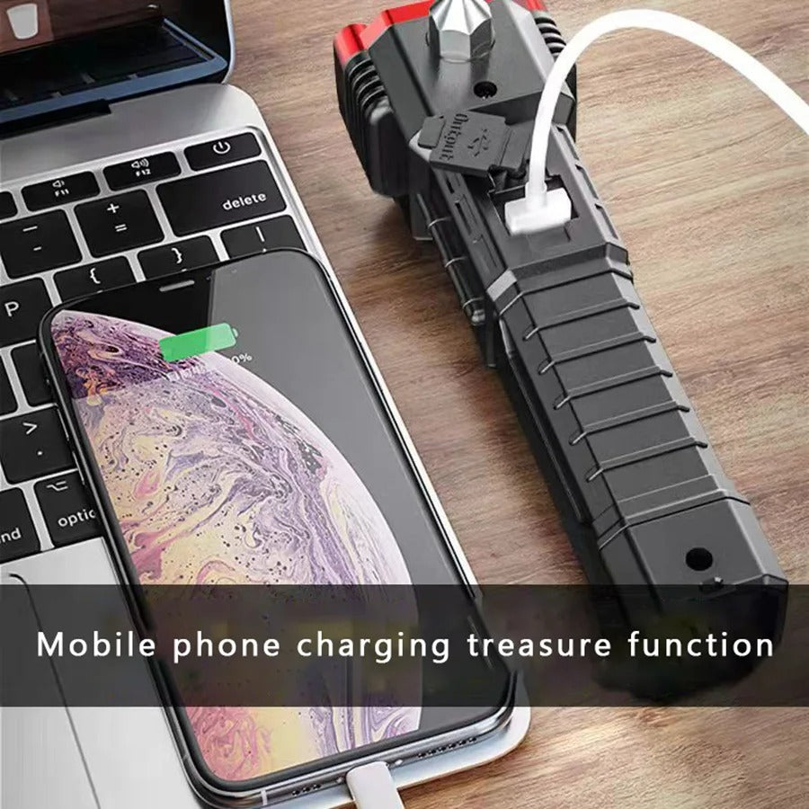 Multi-Functional LED Rechargeable Flashlight with Safety Hammer, Window Breaker, COB Work Light & Power Bank