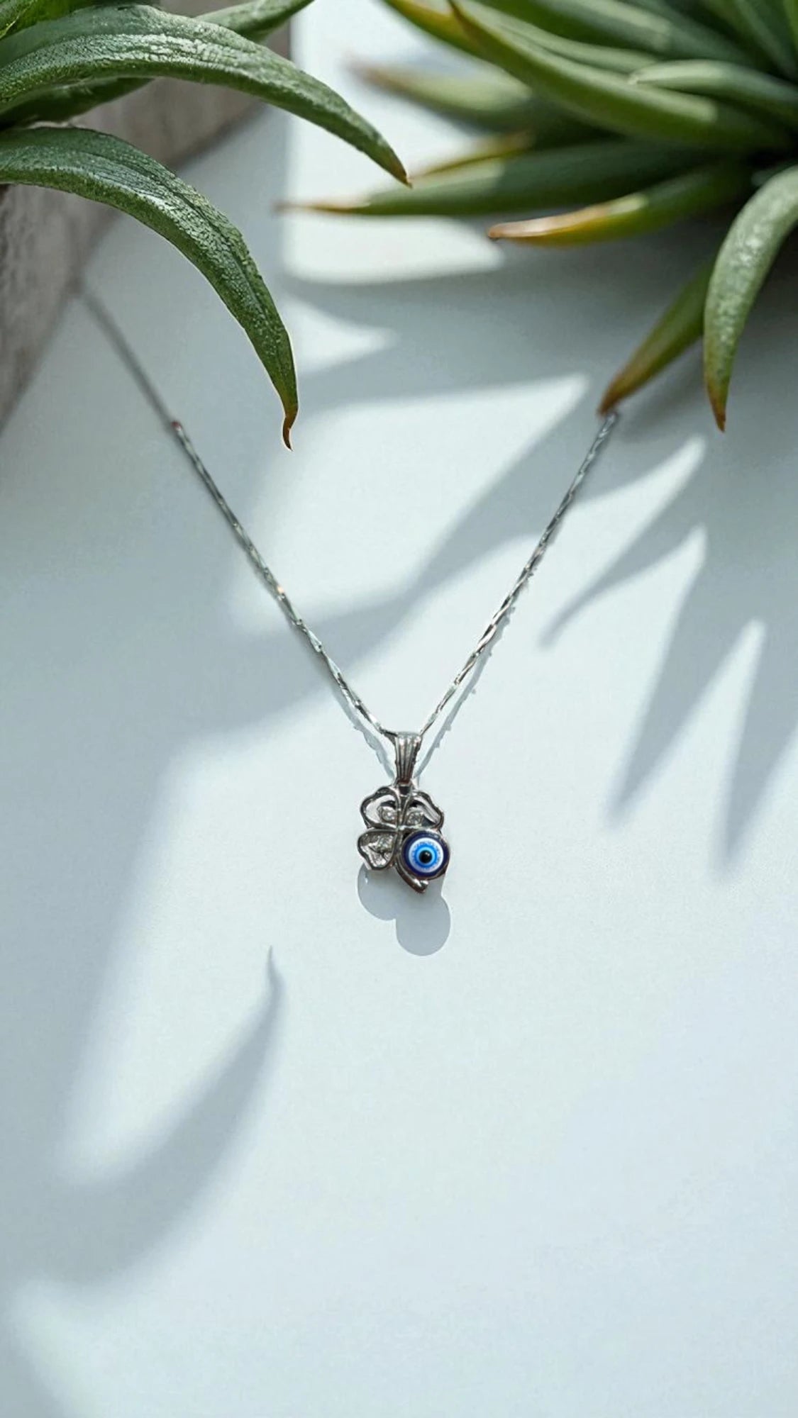Silver Four-Leaf Clover Evil Eye Necklace