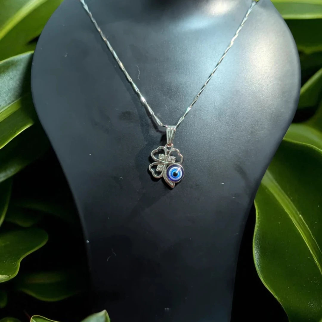 Silver Four-Leaf Clover Evil Eye Necklace