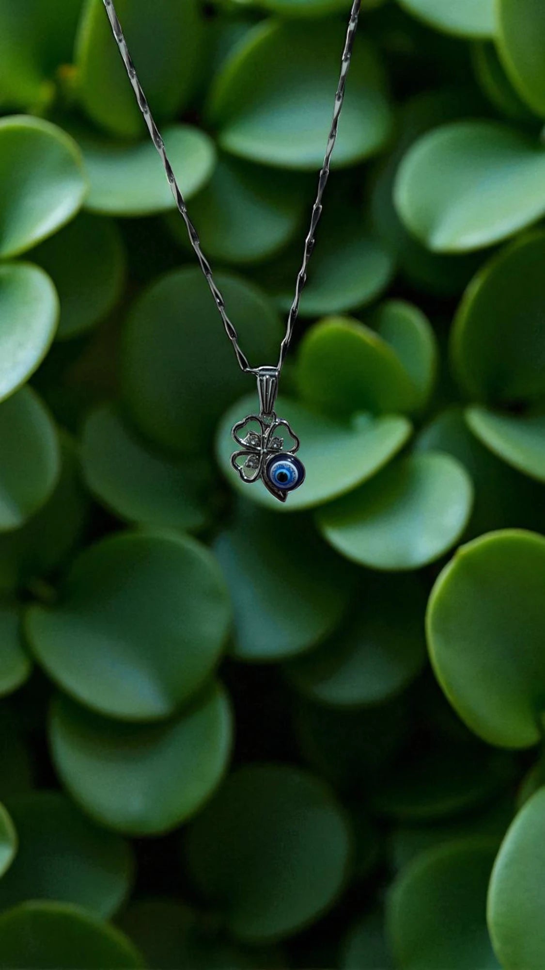 Silver Four-Leaf Clover Evil Eye Necklace