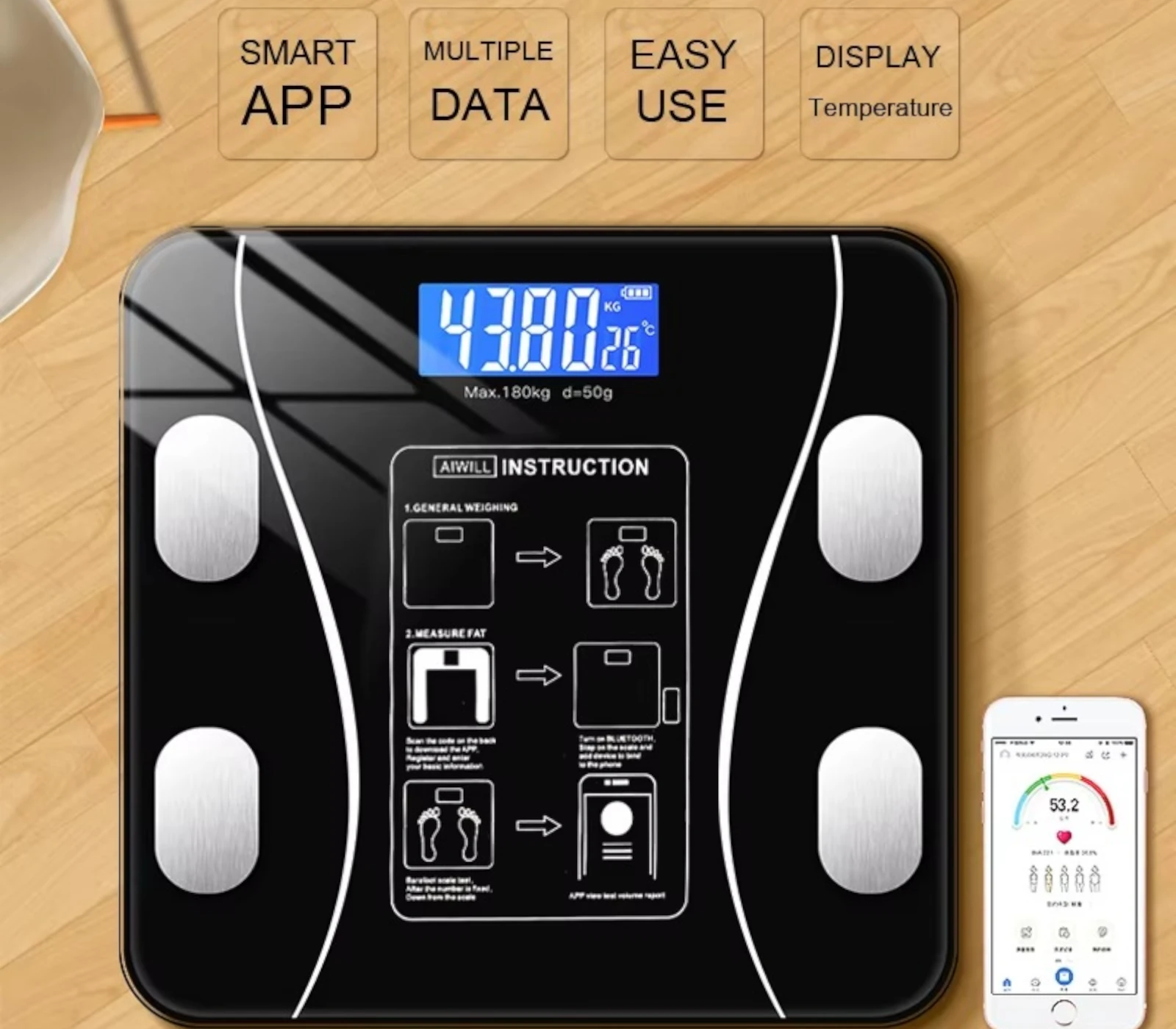 Smart Bluetooth Body Fat Scale – Tracks weight, BMI & full body composition with app sync