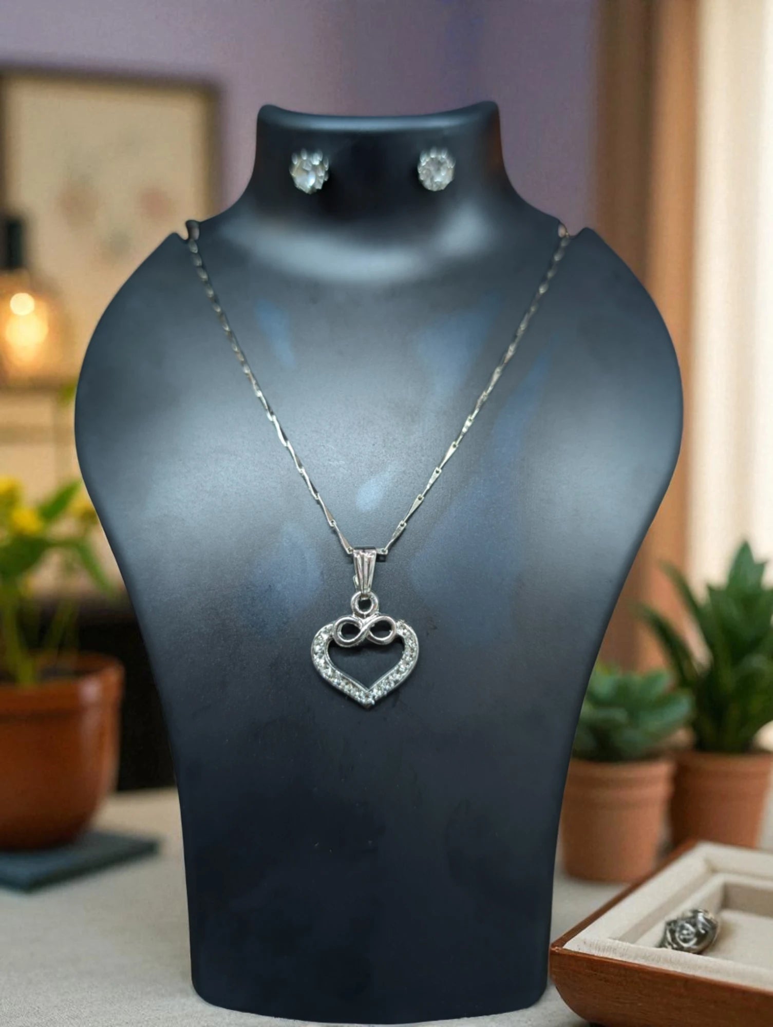 Sparkling Silver Pendant Necklaces with Stud Earrings