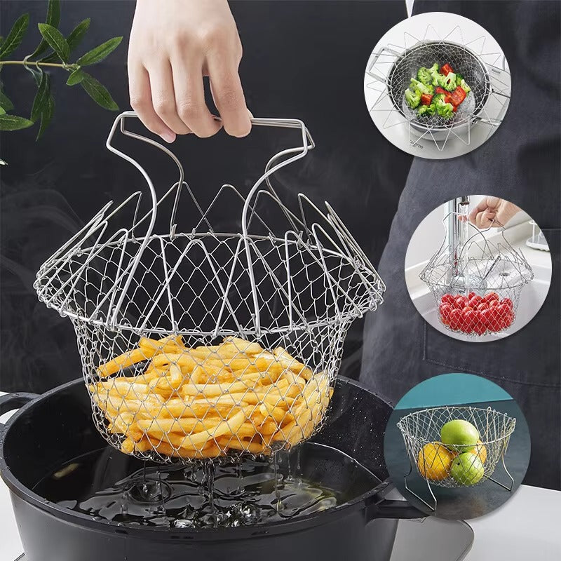 Stainless Steel Folding Frying Basket – Mesh Oil Drain Colander
