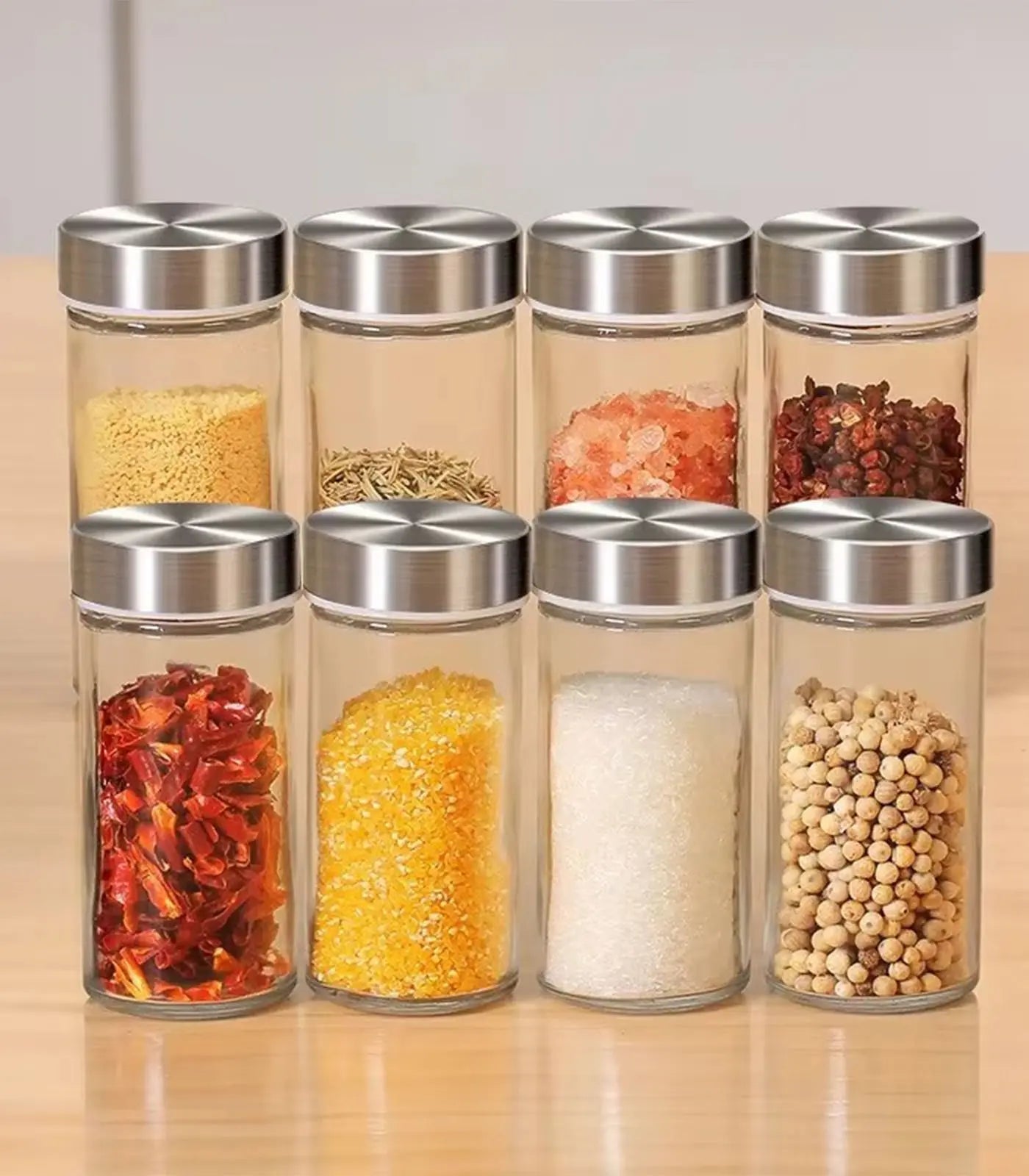 Stainless Steel Rotating Spice Rack Set – Glass Seasoning Jars with Shelf for Herbs &amp; Condiments Storage
